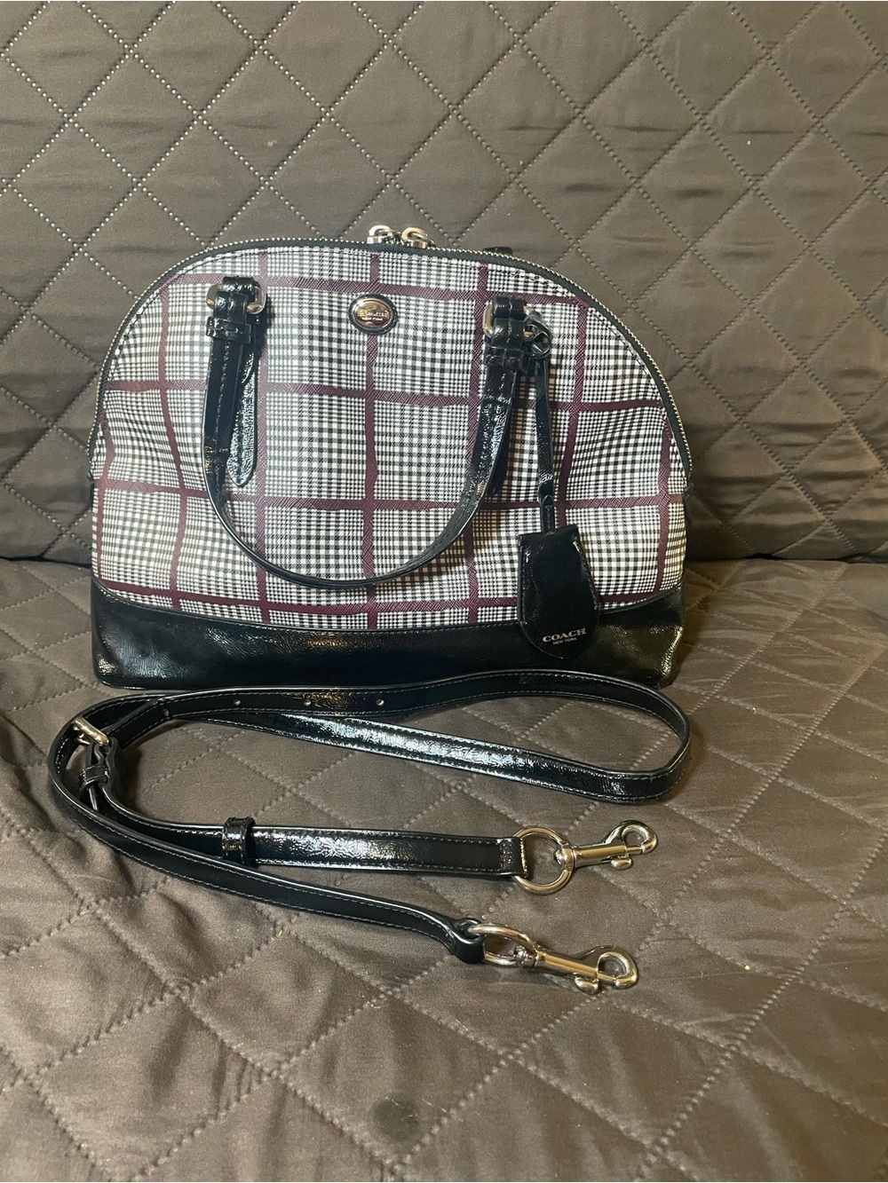 Coach Black Patent Leather Cora Glen Plaid Dome Satchel with Burgundy Accents